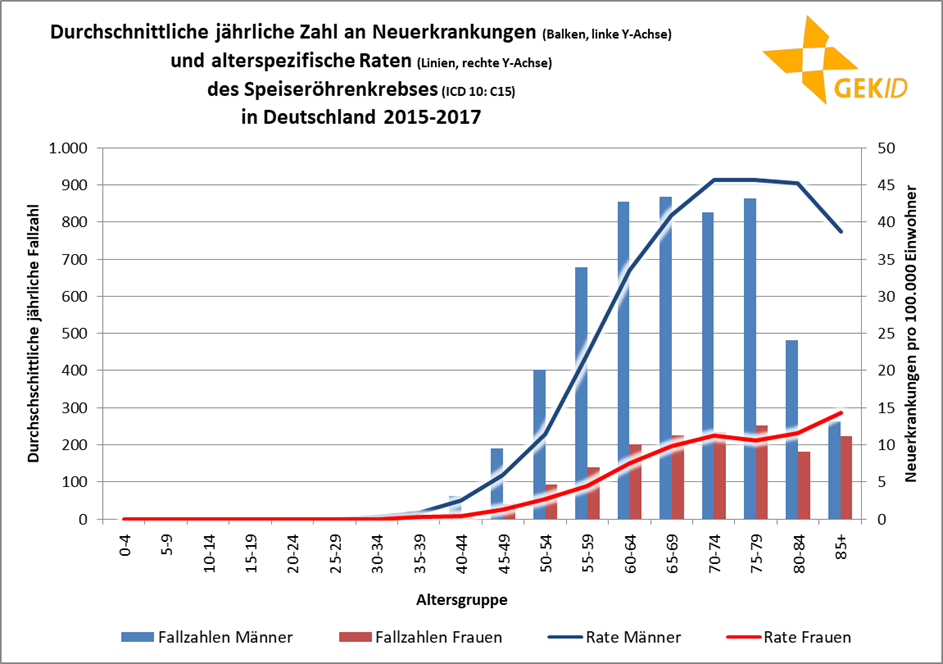 Neuerkrankungen und altersspezifische Raten des Speiseröhrenkrebses (ICD 10: C15) in Deutschland